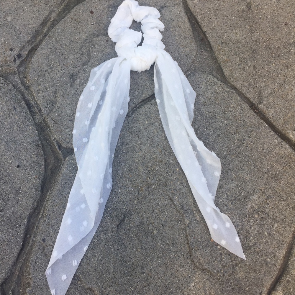 White Swiss dot hair scrunchie with scarf tail